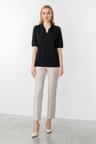 GÖMLEK YAKA KISA KOLLU SİYAH  KADIN BLUZ 20173-2Y5