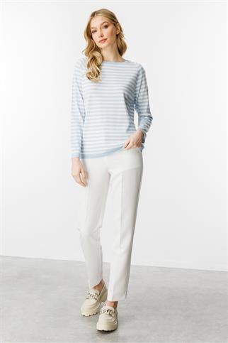 SIFIR YAKA ÇİZGİLİ MAVİ EKRU KADIN BLUZ  20177-2Y5