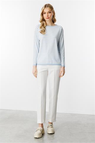 SIFIR YAKA ÇİZGİLİ MAVİ EKRU KADIN BLUZ  20177-2Y5