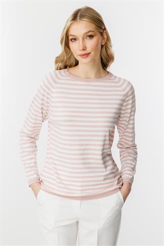 SIFIR YAKA ÇİZGİLİ PUDRA  EKRU KADIN BLUZ 20177-2Y5