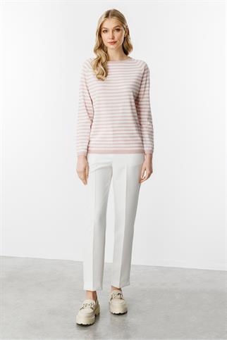 SIFIR YAKA ÇİZGİLİ PUDRA  EKRU KADIN BLUZ 20177-2Y5