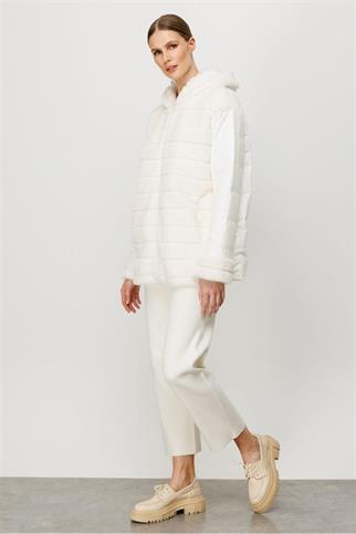 KÜRKLÜ VE KAPİTONELİ EKRU KADIN MONT  30195-2K5