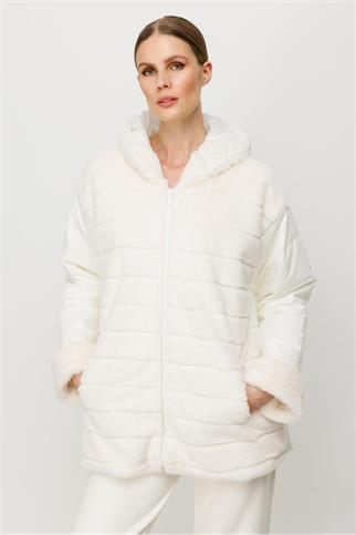 KÜRKLÜ VE KAPİTONELİ EKRU KADIN MONT  30195-2K5