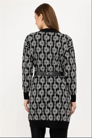 Geometrik Desenli Kemerli Krem Triko Hırka  23942-2K4