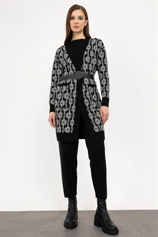 Geometrik Desenli Kemerli Krem Triko Hırka  23942-2K4