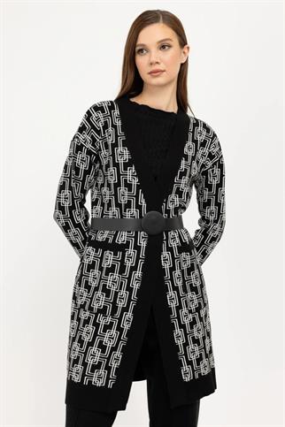 Geometrik Desenli Kemerli Krem Triko Hırka  23942-2K4