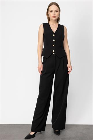 İspanyol Paça Gold Düğmeli Siyah Pantolon 24935-2Y4