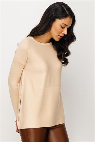 Yanı Fermuarlı Bej Triko Kadın Kazak 25318-2K4