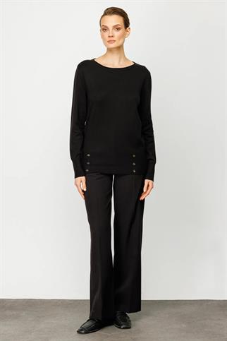 Sıfır Yaka Düğme Detaylı Triko Siyah Kadın Kazak 25320-2K4