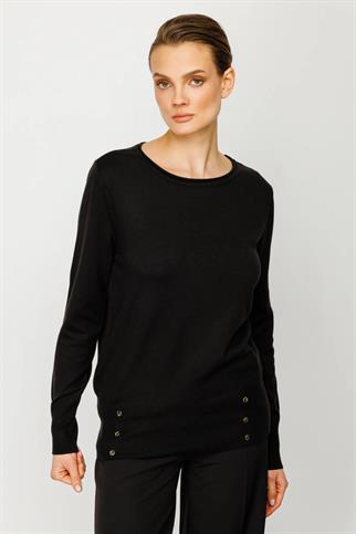 Sıfır Yaka Düğme Detaylı Triko Siyah Kadın Kazak 25320-2K4
