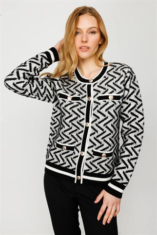 Sıfır Yaka Zigzag Desenli Siyah Kadın Hırka 26954-2K4