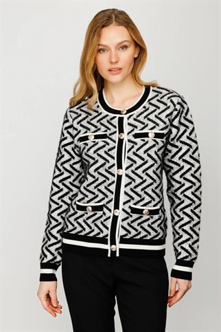 Sıfır Yaka Zigzag Desenli Siyah Kadın Hırka 26954-2K4