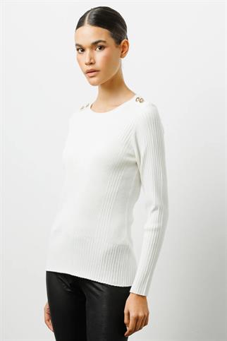 UZUN KOLLU OMUZLARI DÜĞMELİ EKRU KADIN KAZAK 27346-2K4