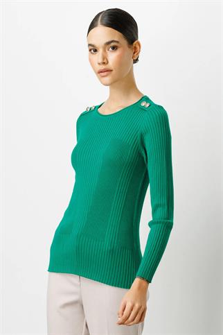 UZUN KOLLU OMUZLARI DÜĞMELİ YEŞİL KADIN KAZAK 27346-2K4