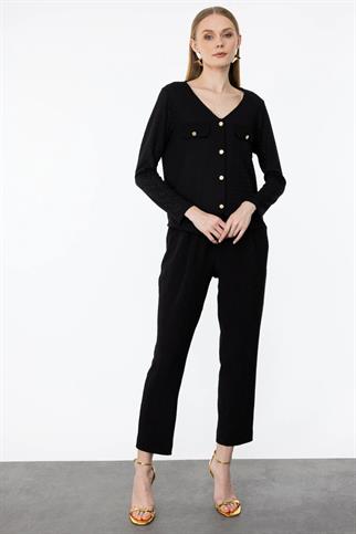 V YAKA DÜĞMELİ SİYAH KADIN HIRKA 31388-2Y4