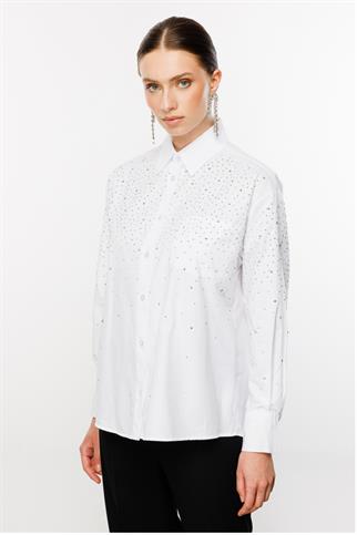 UZUN KOLLU TAŞ İŞLEMELİ BEYAZ KADIN GÖMLEK 32390-2Y4