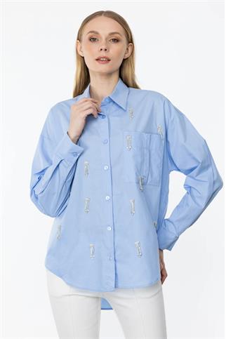 TAŞ İŞLEMELİ UZUN KOLLU MAVİ KADIN GÖMLEK 32392-2Y4