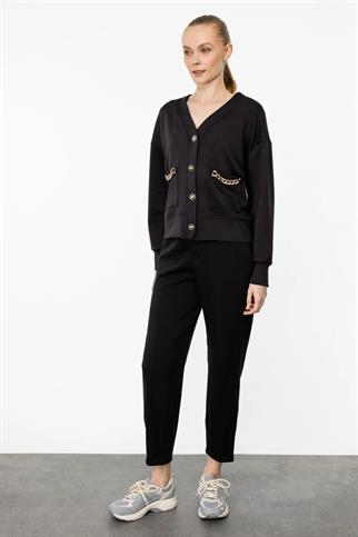 METAL DÜĞMELİ UZUN KOLLU SİYAH KADIN HIRKA 36943-2Y4