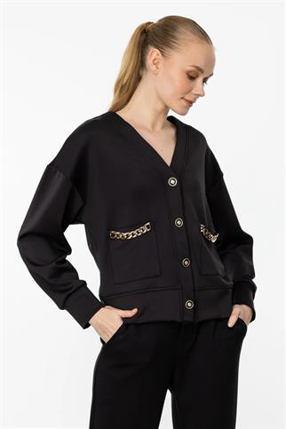 METAL DÜĞMELİ UZUN KOLLU SİYAH KADIN HIRKA 36943-2Y4