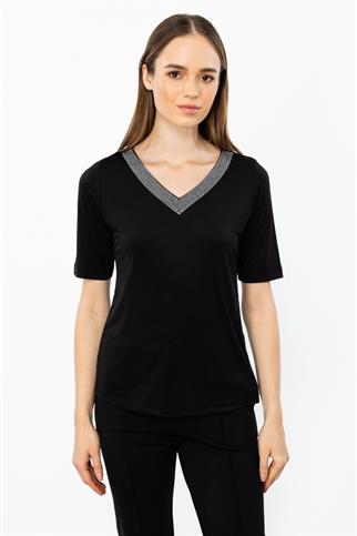 V Yaka Yakası Taşlı Siyah Kadın  Tişört 41396-2K5