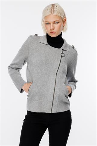 Yandan Fermuarlı Omuz Apoletli Yakalı Gri  Hırka 43900-2K5