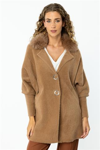  Kürk Yaka Triko Camel Kadın  Hırka 43925-2K5