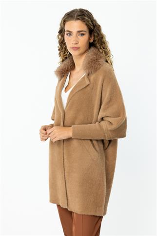  Kürk Yaka Triko Camel Kadın  Hırka 43925-2K5