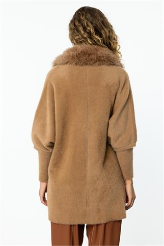  Kürk Yaka Triko Camel Kadın  Hırka 43925-2K5