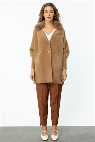  Kürk Yaka Triko Camel Kadın  Hırka 43925-2K5