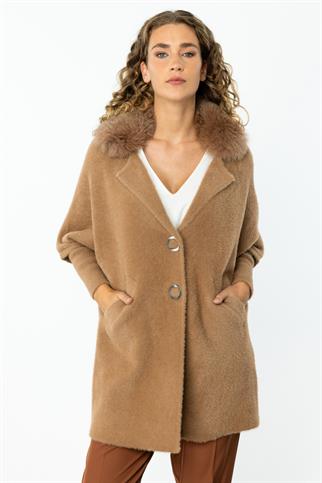  Kürk Yaka Triko Camel Kadın  Hırka 43925-2K5