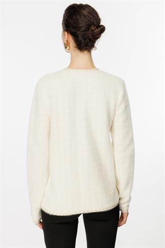 Simli Biye Detaylı Düğmeli Ekru Kadın Hırka 43928-2K5