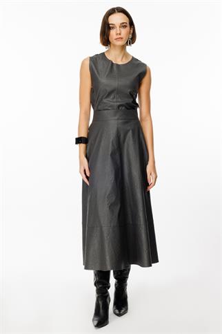 Parçalı Maxi Boy Antrasit  Deri Etek  44210-2K5