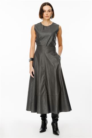 Parçalı Maxi Boy Antrasit  Deri Etek  44210-2K5