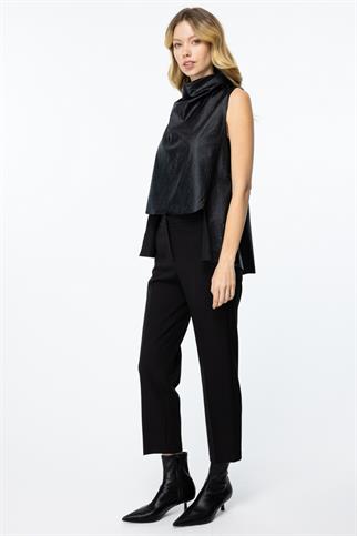 Kendinden Kırışık Kumaşlı Deri Siyah Süveter 44347-2K5