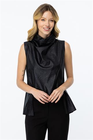 Kendinden Kırışık Kumaşlı Deri Siyah Süveter 44347-2K5