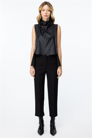 Kendinden Kırışık Kumaşlı Deri Siyah Süveter 44347-2K5