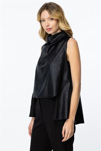 Kendinden Kırışık Kumaşlı Deri Siyah Süveter 44347-2K5