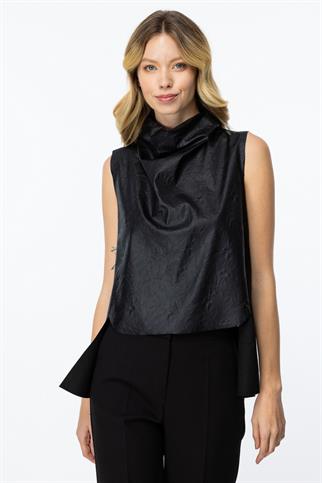 Kendinden Kırışık Kumaşlı Deri Siyah Süveter 44347-2K5