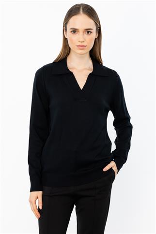 Gömlek Yaka Siyah Kadın Triko 45324-2K5