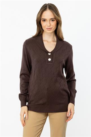 Yakası Düğmeli Kahve Kadın Triko Kazak 45343-2K5