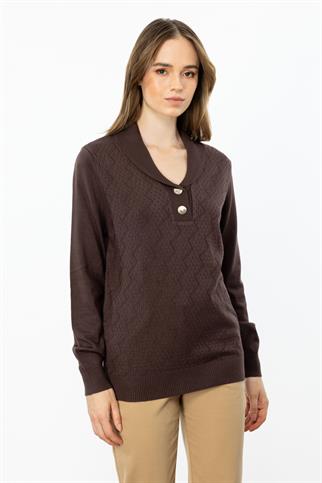 Yakası Düğmeli Kahve Kadın Triko Kazak 45343-2K5
