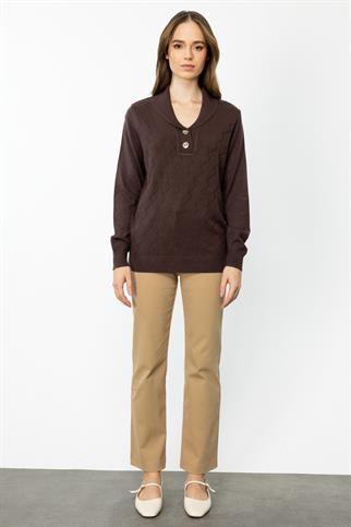 Yakası Düğmeli Kahve Kadın Triko Kazak 45343-2K5