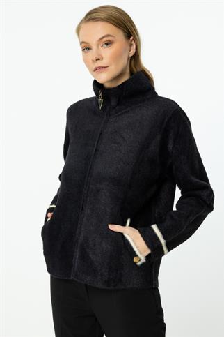 Fermuarlı Dik Yaka Siyah Kadın Hırka 45926-2K5
