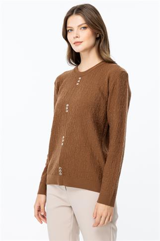 Kendinden Desenli Önü Düğmeli Triko Kahve Kazak 46395-2K5
