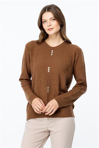 Kendinden Desenli Önü Düğmeli Triko Kahve Kazak 46395-2K5