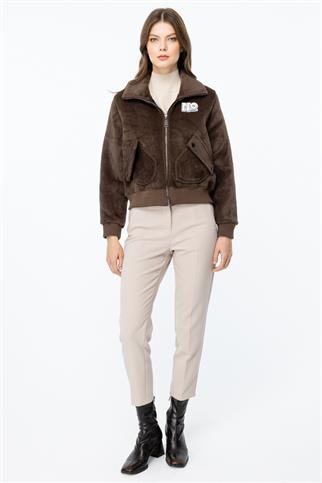 Kapak Cepli Peluş Kahve Kadın  Mont 46701-2K5