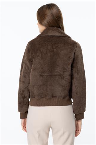 Kapak Cepli Peluş Kahve Kadın  Mont 46701-2K5