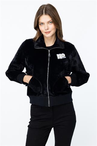 Kapak Cepli Peluş Siyah Kadın Mont 46701-2K5