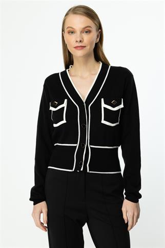 Cep Detaylı  Siyah Crop Hırka 46933-2K5