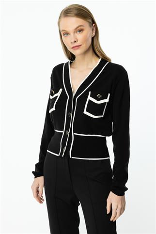 Cep Detaylı  Siyah Crop Hırka 46933-2K5